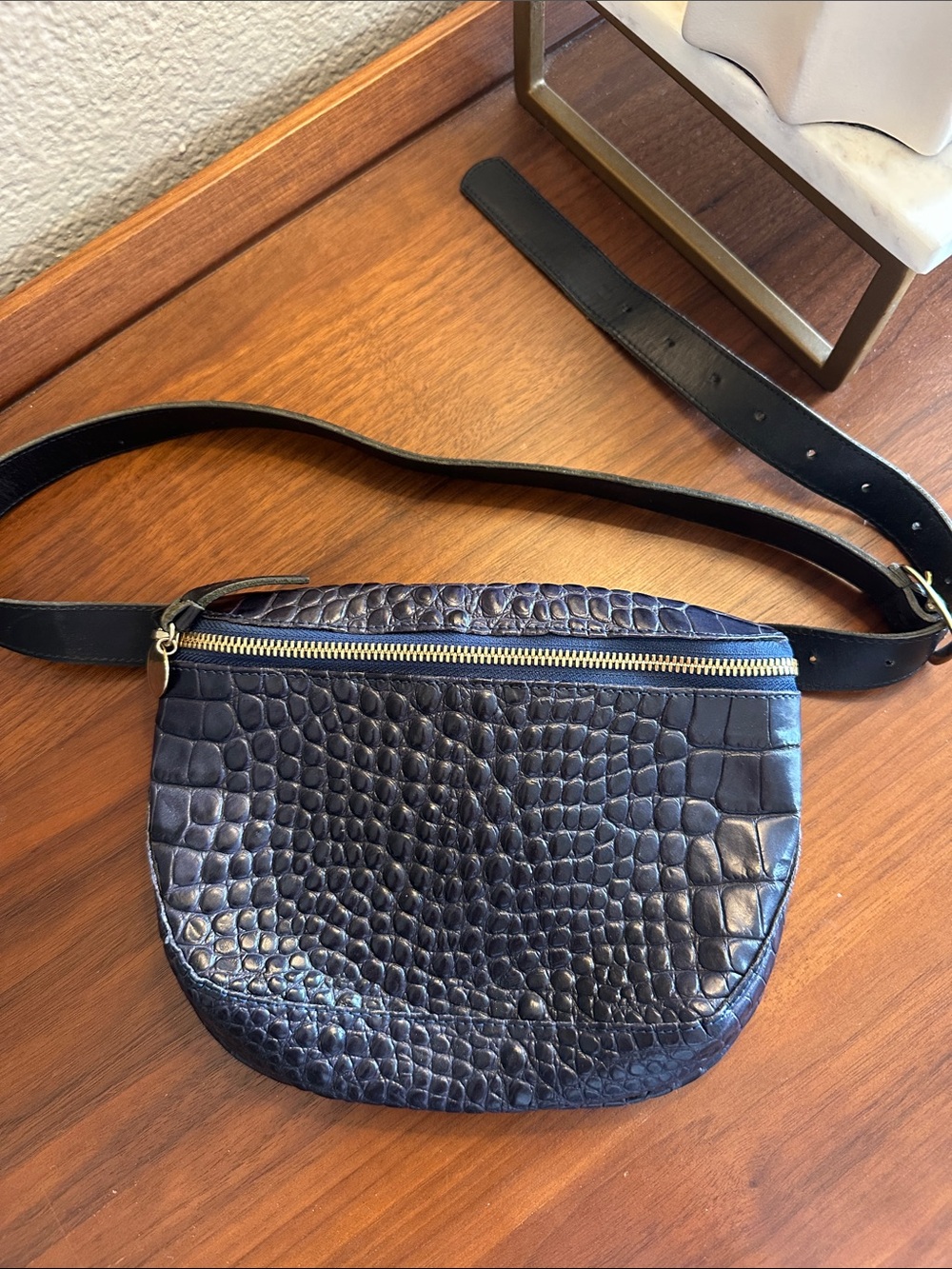 Clare V Navy Croc-Texture Leather Belt Bag